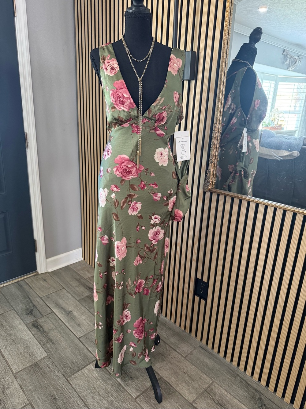 Sleeveless Olive Green Floral Maxi Dress with Pink Rose Print